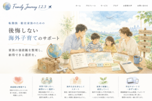 転勤族・駐在家族が家族会議をしながら海外子育てや将来について話し合うイラスト