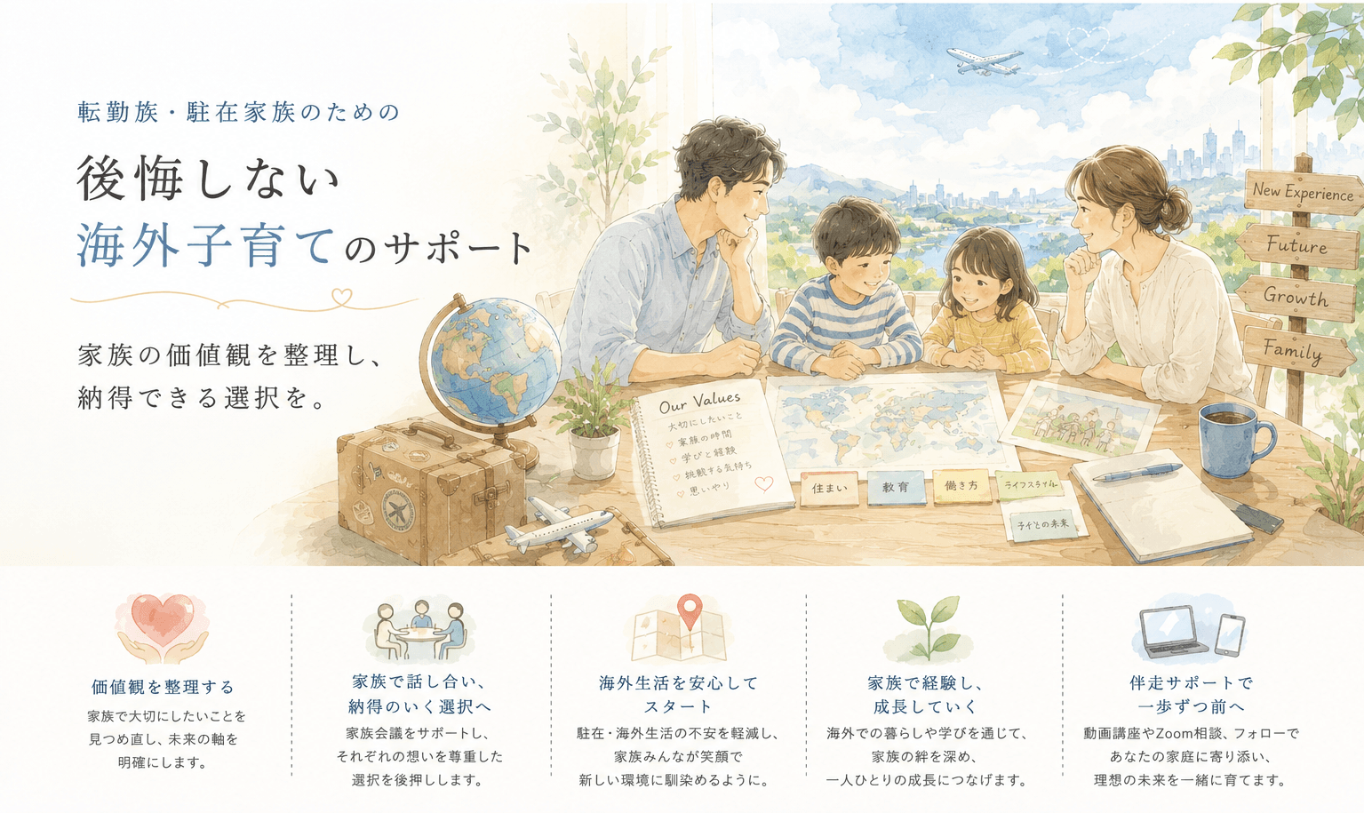 転勤族・駐在家族が家族会議をしながら海外子育てや将来について話し合うイラスト